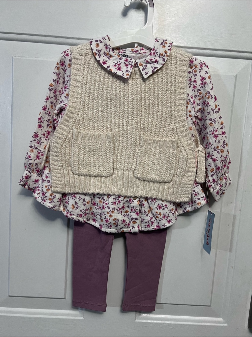 Cat & Jack Girls 2T 3 Piece Floral Top Sweater Vest Leggings Outfit NWT